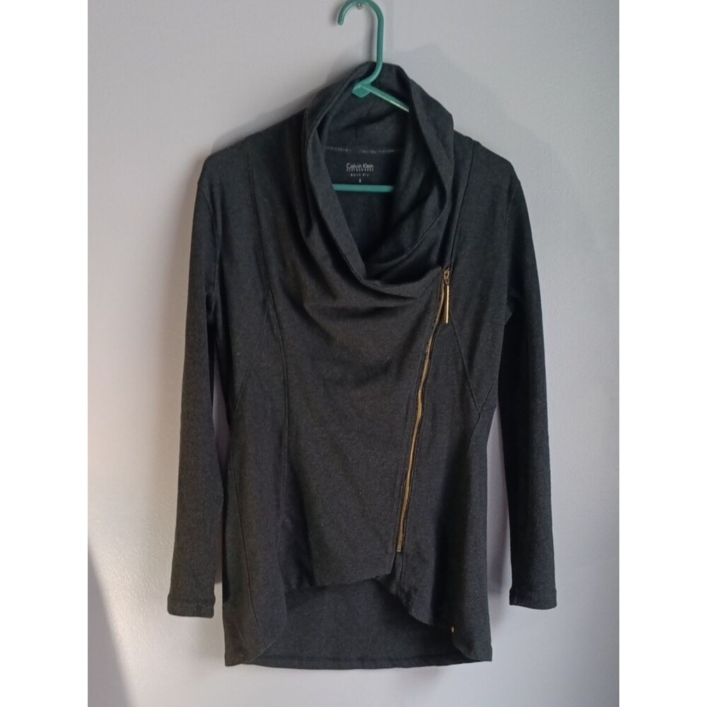 Calvin Klein Charcoal Gray Asymmetrical Zip Cowl Permormance Sweater Jacket
